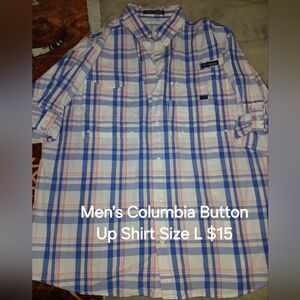 Columbia Men's Blue, White, and Orange Plaid Shirt